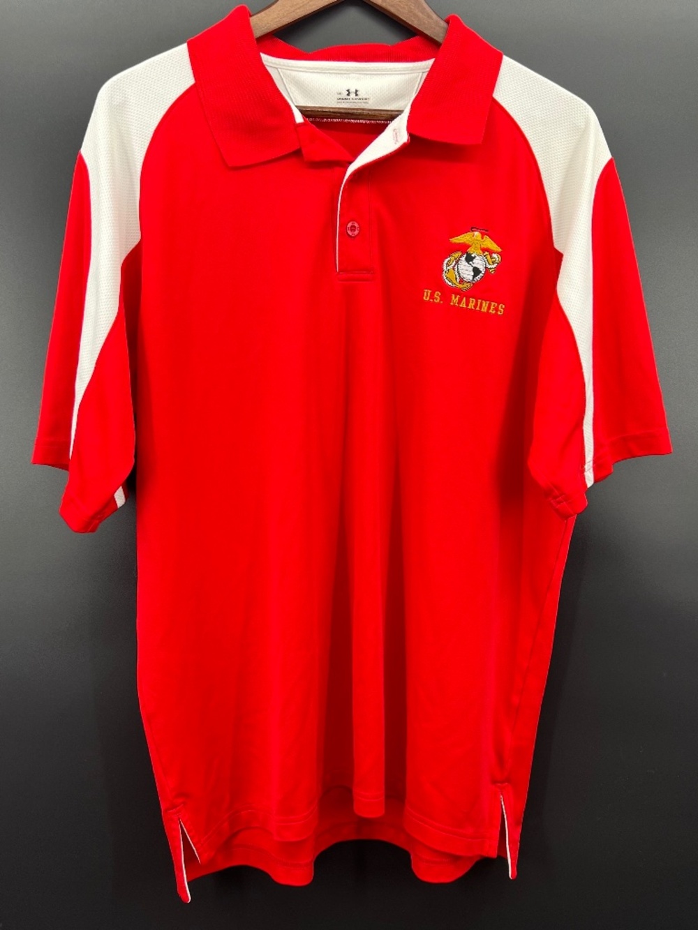 Under Armour USMC Military Marine Corps Red Logo Polo Shirt Performance Size LG